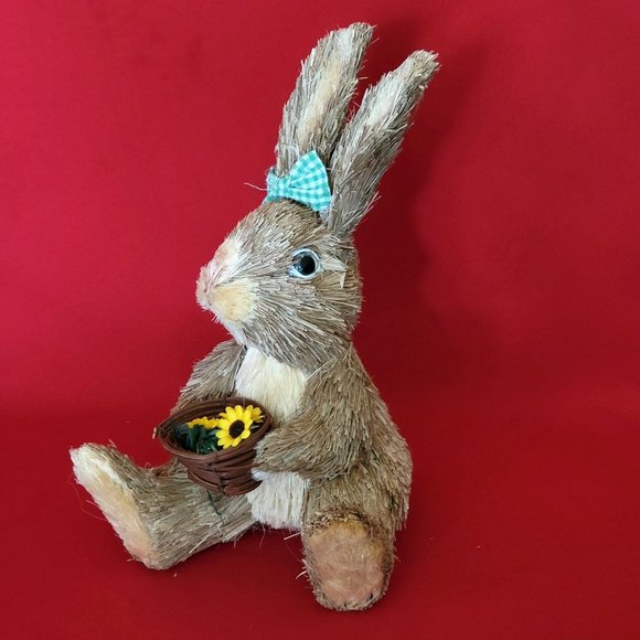 Sisal Bunny Rabbit Holding a Basket of Sunflowers Green Ribbon Decor Figure East - Picture 12 of 13